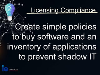 Create simple policies
to buy software and an
inventory of applications
to prevent shadow IT
Licensing Compliance
2
 