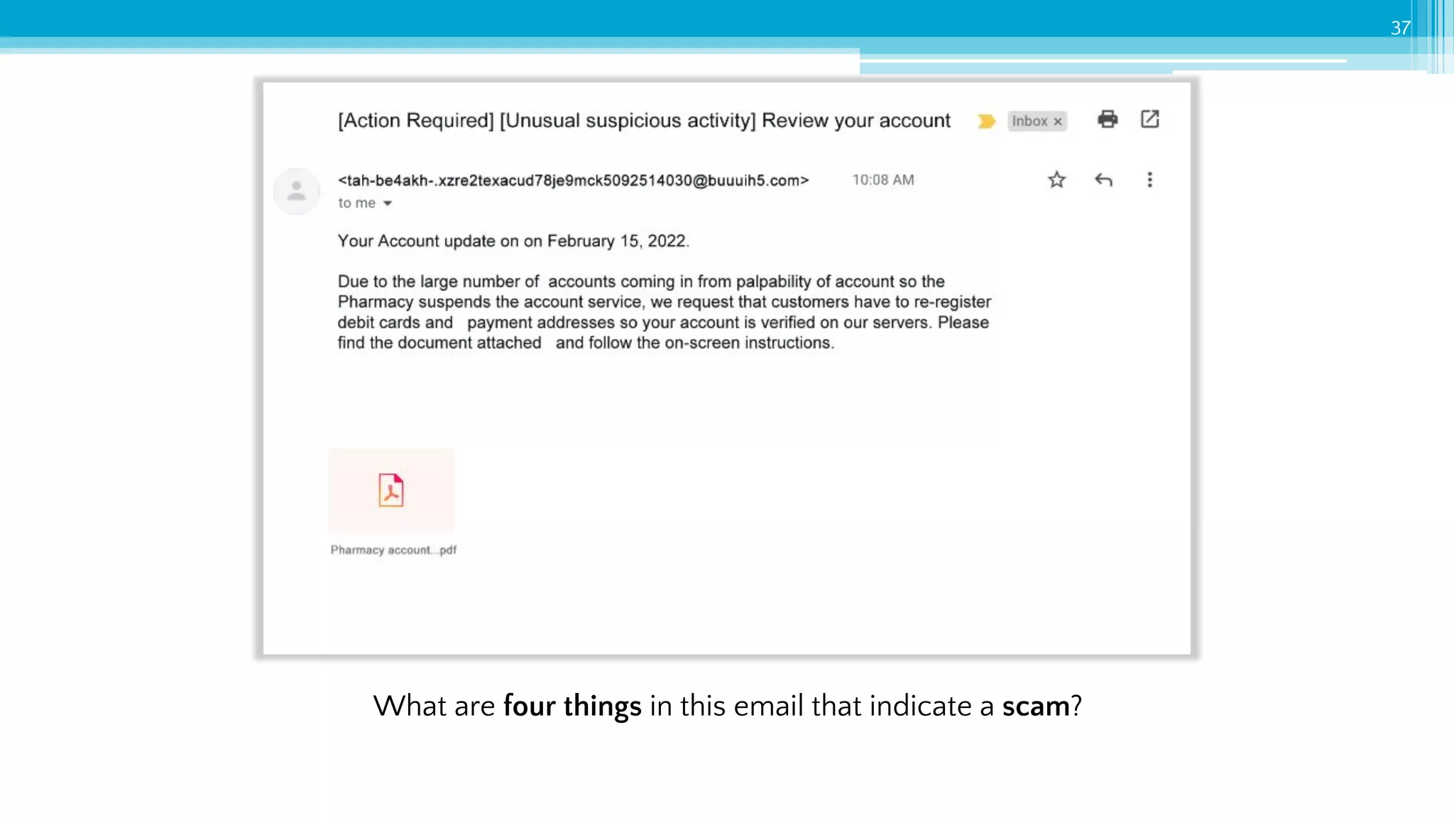 37
What are four things in this email that indicate a scam?
 
