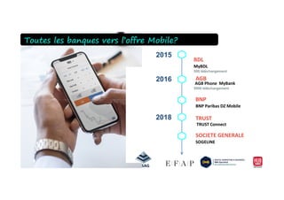 2015
BDL
MyBDL
500 téléchargement
BNP
AGB
MyBank
5000 téléchargement
2016 AGB Phone
Toutes les banques vers l’offre Mobile?
55
2018 TRUST
BNP
SOCIETE GENERALE
BNP Paribas DZ Mobile
TRUST Connect
SOGELINE
 