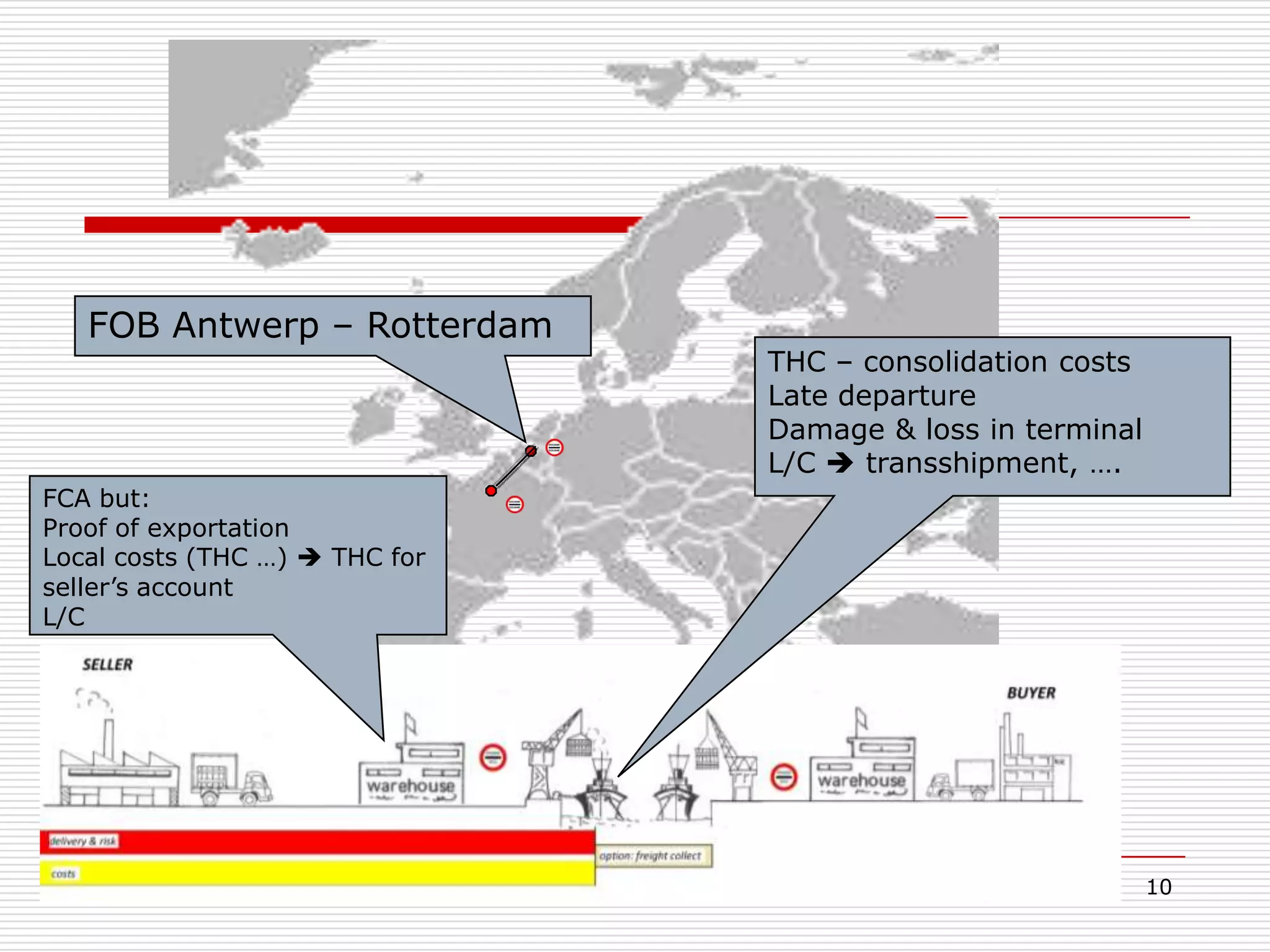 10
FOB Antwerp – Rotterdam
THC – consolidation costs
Late departure
Damage & loss in terminal
L/C  transshipment, ….
FCA but:
Proof of exportation
Local costs (THC …)  THC for
seller’s account
L/C
 