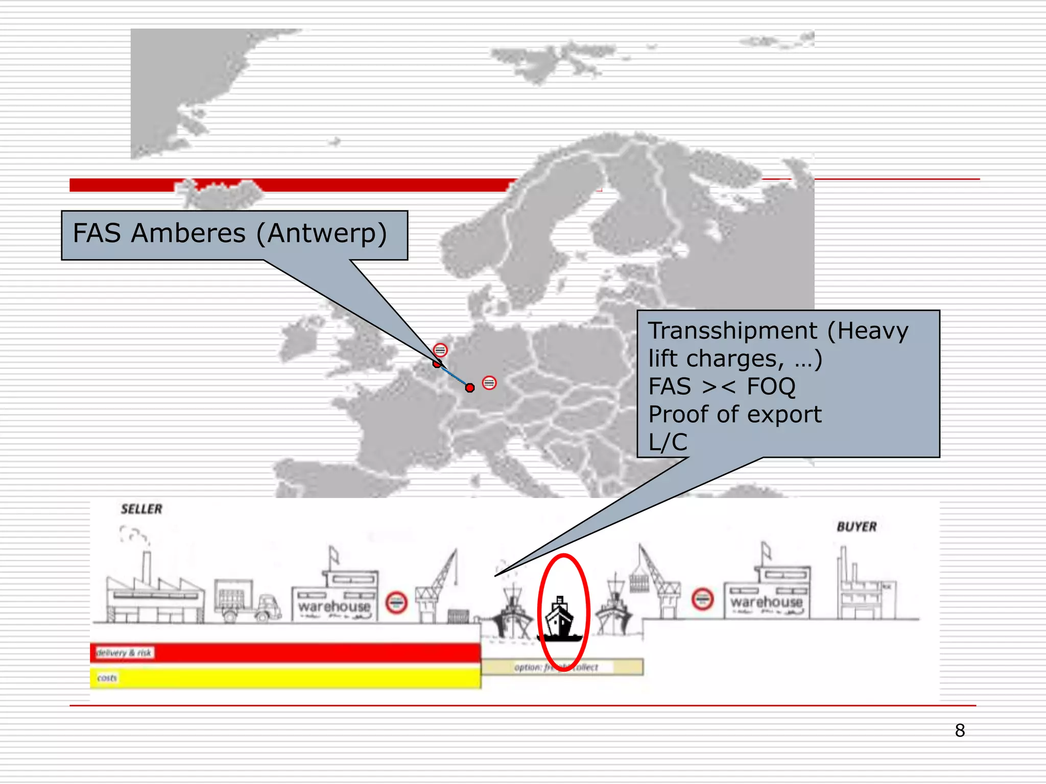 8
FAS Amberes (Antwerp)
Transshipment (Heavy
lift charges, …)
FAS >< FOQ
Proof of export
L/C
 