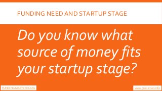 FUNDING NEED AND STARTUP STAGE
Do you know what
source of money fits
your startup stage?
www.groosman.infoFUNDING MASTERCL...