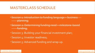 MASTERCLASS SCHEDULE
 Session 1: Introduction to funding language + business
planning;
 Session 2: Determining funding n...