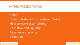 INTHIS PRESENTATION
Scope
From milestones to investment table
How to make assumptions
Cash flow and liquidity
Revenue...