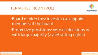 TERM SHEET (CONTROL)
Board of directors: investor can appoint
members of the board
Protective provisions: veto on decisi...