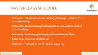 MASTERCLASS SCHEDULE
 Session 1: Introduction to funding language + business
planning;
 Session 2: Determining funding n...