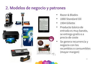 2. Modelos de negocio y patrones
14
• Razor & Blades
• 1880 Standard Oil
• 1904 Gillette
• Producto básico de
entrada es muy barato,
se entrega gratis o a
precio de coste
• Se genera recurrencia y
negocio con los
recambios o consumibles
(mayor margen)
 