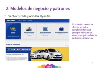 2. Modelos de negocio y patrones
• Venta cruzada y Add-On: RyanAir
24
En la venta cruzada se
ofrecen servicios
complementarios al
principal y el canal de
venta principal también lo
es de otros productos.
 