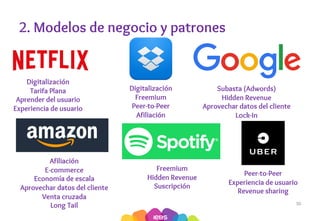 2. Modelos de negocio y patrones
30
Digitalización
Tarifa Plana
Aprender del usuario
Experiencia de usuario
Digitalización
Freemium
Peer-to-Peer
Afiliación
Subasta (Adwords)
Hidden Revenue
Aprovechar datos del cliente
Lock-In
Afiliación
E-commerce
Economía de escala
Aprovechar datos del cliente
Venta cruzada
Long Tail
Freemium
Hidden Revenue
Suscripción
Peer-to-Peer
Experiencia de usuario
Revenue sharing
 