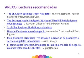 ANEXO: Lecturas recomendadas
• The St. Gallen Business Model Navigator - Oliver Gassmann, Karolin
Frankenberger, Michaela Csik
• The Business Model Navigator: 55 Models That Will Revolutionise
Your Business - Gassmann Oliver y Frankenberger Karolin
• St. Gallen Business Model Innovation Map
• Generación de modelos de negocio - Alexander Osterwalder & Yves
Pigneur
• Idea, Producto y Negocio: Tres pasos en la creación de productos y
servicios digitales innovadores - Justo Hidalgo
• El camino para innovar: Cómo pasar de la idea al modelo de negocio
creando valor para tus clientes – Miguel Macías
38
 