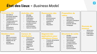 Partenaires clés
- Apiculteurs
- Syndicats Apicoles
- Coopératives &
associations
- Transformateurs &
conditionneurs
- Instituts de recherche
- Etat
- Revendeurs
- Distributeurs
Activités clés
- Elevage
- Production
- Pollinisation
- Importation
- Transformation et
conditionnement
- Exportation
- communication
- Vente et revente
Ressources clés
- Abeilles
- Ruchers
- Environnement
- Formation &
expérience
- Réseau
- Réputation
Proposition de
valeur
- Apiculture
responsable
- Apiculture biologique
- Labellisation
- Produits dérivés
- Pédagogie
Relation client
- Direct
- Site e-commerce
- Réseaux sociaux
- Plateformes de
partage
- Associations
Canaux de
distribution
- Vente directe
producteur
- Coopératives
- Grossistes
- Magasins
spécialisés
- GMS
- E-commerce
Structure de coûts
- Abeilles
- Ruchers (Achat &
maintenance)
- Technologie
- Transformation
- Conditionnement
- Packaging
- Marketing &
Communication
Segment des
applications pour
utilisateurs finaux
- Produits alimentaires
et boissons
- Agriculture
- Médical
- Cosmétique
Sources de
revenus
- Vente de la
production
- Pollinisation
- Importation
État des lieux - Business Model
 