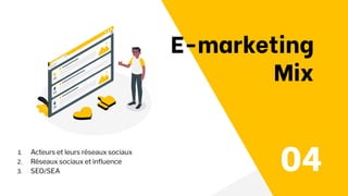 E-marketing
Mix
04
1. Acteurs et leurs réseaux sociaux
2. Réseaux sociaux et inﬂuence
3. SEO/SEA
 