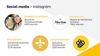 @lemieldemaruche
Apicultrice
YouTubeuse (19,2K)
6470 abonnés
Marque de miel fabriqué
en France
7463 abonnés
Domaine de production
du Limousin
21,7K abonnés
Apicultrice
Sensibilisation
1326 abonnés
@lesabeillesdeceline @mielmartine
@maisonfedon
Social media - Instagram
 
