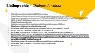 - https://fr.wikipedia.org/wiki/Cha%C3%AEne_de_valeur
- https://funnynewlife.com/comment-faire-le-marketing-et-la-promotion-de-votre-miel/
- https://www.franceagrimer.fr/Mediatheque/INFORMATIONS-ECONOMIQUES/AUTRES-FILIERES/APICULTURE/ET
UDES-ET-SYNTHESES/La-perception-du-marche-du-miel-par-les-consommateurs *
- https://fondation.lunedemiel.fr/
- https://www.letemps.ch/sciences/lhomme-labeille-une-histoire-dure-9000-ans
- https://www.miel-direct.fr/circuits-distribution-miel/
- https://www.adabfc.adafrance.org/downloads/synthese_commercialisation_bfc.pdf
- https://circuitcom.fr/attentes-consommateurs-circuits-courts/
- https://www.unaf-apiculture.info/IMG/pdf/20191019_santanderetiquetageoriginemielfr.pdf
- https://beabilis.com/2020/01/31/transformations-digitales-de-la-distribution-la-vision-des-etudiants-de-distrisup/
- https://www.franceagrimer.fr/fam/content/download/62960/document/BIL-MIEL-2019-%20Bilan%20de%20camp
agne%20miel%202018%20.pdf?version=2
- https://www.reussir.fr/lesmarches/miel-la-grande-distribution-perd-du-terrain
- https://www.idealcoms.net/blog/nouveau-projet-ruchers-du-gue/
- https://digizz.fr
Bibliographie - Chaînes de valeur
 