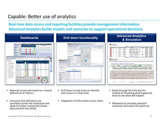 14
Capable: Better use of analytics
Copyright © 2014 Accenture All rights reserved.
Dashboards Drill down functionality
Advanced Analytics
& Simulation
 Balanced scorecards based on a clearly
defined set of metrics.
 Insurance that definitions are
consistent across the scorecards and
allow to further analyze the shown
data and drill into details
 Break through the time barrier:
Instead of reviewing what happened,
drive to see what will happen
 Allowance to simulate potential
outcomes and select the optimum
 Drill down on bad actors to identify
root causes in a few clicks
 Integration of information across siloes
Real time data access and reporting facilities provide management information.
Advanced Analytics builds models and scenarios to support operational decisions
 