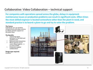 16
Collaborative: Video Collaboration – technical support
Copyright © 2014 Accenture All rights reserved.
The Future:
Individuals can use wireless
infrastructure and video camera
to obtain remote support on
the plant floor.
The Benefits:
• Improving repair
decisions in the field and
avoided costs
• Reduced asset downtime
• More optimal use of
scarce deep experts – 1
to many model
• Enhanced supplier
collaboration
Design type required:
Location
For companies with operations spread across the globe, delays in equipment
maintenance issues or production problems can result in significant costs. Often times
the most skilled engineer is located somewhere other than the plant in need, and
standard practice is to board a plane to go and try to solve the problem.
 