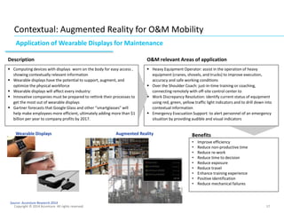 17
Contextual: Augmented Reality for O&M Mobility
Copyright © 2014 Accenture All rights reserved.
Application of Wearable Displays for Maintenance
Source: Accenture Research 2014
O&M relevant Areas of application
 Heavy Equipment Operator: assist in the operation of heavy
equipment (cranes, shovels, and trucks) to improve execution,
accuracy and safe working conditions
 Over the Shoulder Coach: just-in-time training or coaching,
connecting remotely with off-site control center to
 Work Discrepancy Resolution: identify current status of equipment
using red, green, yellow traffic light indicators and to drill down into
contextual information
 Emergency Evacuation Support: to alert personnel of an emergency
situation by providing audible and visual indicators
Description
 Computing devices with displays worn on the body for easy access ,
showing contextually relevant information
 Wearable displays have the potential to support, augment, and
optimize the physical workforce
 Wearable displays will affect every industry:
 Innovative companies must be prepared to rethink their processes to
get the most out of wearable displays
 Gartner forecasts that Google Glass and other “smartglasses” will
help make employees more efficient, ultimately adding more than $1
billion per year to company profits by 2017.
• Improve efficiency
• Reduce non-productive time
• Reduce re-work
• Reduce time to decision
• Reduce exposure
• Reduce travel
• Enhance training experience
• Positive identification
• Reduce mechanical failures
BenefitsWearable Displays Augmented Reality
 
