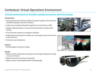 19
Contextual: Virtual Operations Environment
Copyright © 2014 Accenture All rights reserved.
Characteristics
• Virtual plant environment that enables training and supports work execution -
complementing high-resolution simulators
• Enable early visualization & walk-through prior to construction or MOC
• Validate safety procedures in virtual environments before rolling out the
training
• Train & evaluate response to emergency situations
• Enable distance learning with multiple users accessing the same environment
at the same time
• Promote virtual collaboration
Requires
• 3D CAD designs to import as models
Benefits
• Ability to reinforce Operations procedures and Emergency Response training
in a low cost manner
• Ability to evaluate and improve TA planning
• Ability to assess maintainability before finalizing designs
Virtual environment to simulate complex processes and train people
 