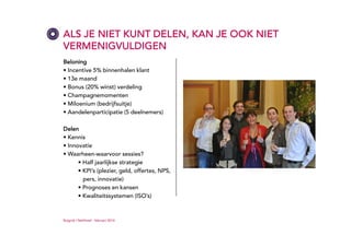 ALS JE NIET KUNT DELEN, KAN JE OOK NIET
VERMENIGVULDIGEN
Beloning
• Incentive 5% binnenhalen klant
• 13e maand
• Bonus (20% winst) verdeling
• Champagnemomenten
• Miloenium (bedrijfsuitje)
• Aandelenparticipatie (5 deelnemers)
Delen
• Kennis
• Innovatie
• Waarheen-waarvoor sessies?
• Half jaarlijkse strategie
• KPI’s (plezier, geld, offertes, NPS,
pers, innovatie)
• Prognoses en kansen
• Kwaliteitssystemen (ISO’s)

Ruigrok | NetPanel - februari 2014

 