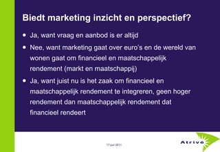 Biedt marketing inzicht en perspectief? Ja, want vraag en aanbod is er altijd Nee, want marketing gaat over euro’s en de wereld van wonen gaat om financieel en maatschappelijk rendement (markt en maatschappij) Ja, want juist nu is het zaak om financieel en maatschappelijk rendement te integreren, geen hoger rendement dan maatschappelijk rendement dat financieel rendeert 