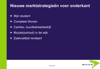 Nieuwe marktstrategieën voor onderkant Mijn student Compleet Wonen Cambio, buurtbeheerbedrijf Muziek(school) in de wijk Zaalvoetbal rendeert 