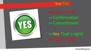 Yes Yes
☛Counterfeit
☛Confirmation
☛Commitment
☛Yes That’s right!
☛You’re right!
 