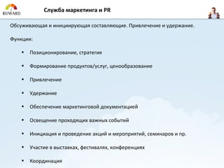Служба маркетинга и PR

Обсуживающая и инициирующая составляющие. Привлечение и удержание.

Функции:

    •   Позиционирование, стратегия

    •   Формирование продуктов/услуг, ценообразование

    •   Привлечение

    •   Удержание

    •   Обеспечение маркетинговой документацией

    •   Освещение проходящих важных событий

    •   Инициация и проведение акций и мероприятий, семинаров и пр.

    •   Участие в выставках, фестивалях, конференциях

    •   Координация
 
