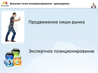 Внешние точки позиционирования - двухходовки




             Продвижение ниши рынка




             Экспертное позиционирование
 