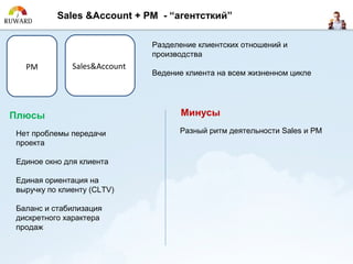 Sales &Account + PM - “агентсткий”

                              Разделение клиентских отношений и
                              производства
  PM          Sales&Account
                              Ведение клиента на всем жизненном цикле




Плюсы                                Минусы

Нет проблемы передачи               Разный ритм деятельности Sales и PM
проекта

Единое окно для клиента

Единая ориентация на
выручку по клиенту (CLTV)

Баланс и стабилизация
дискретного характера
продаж
 