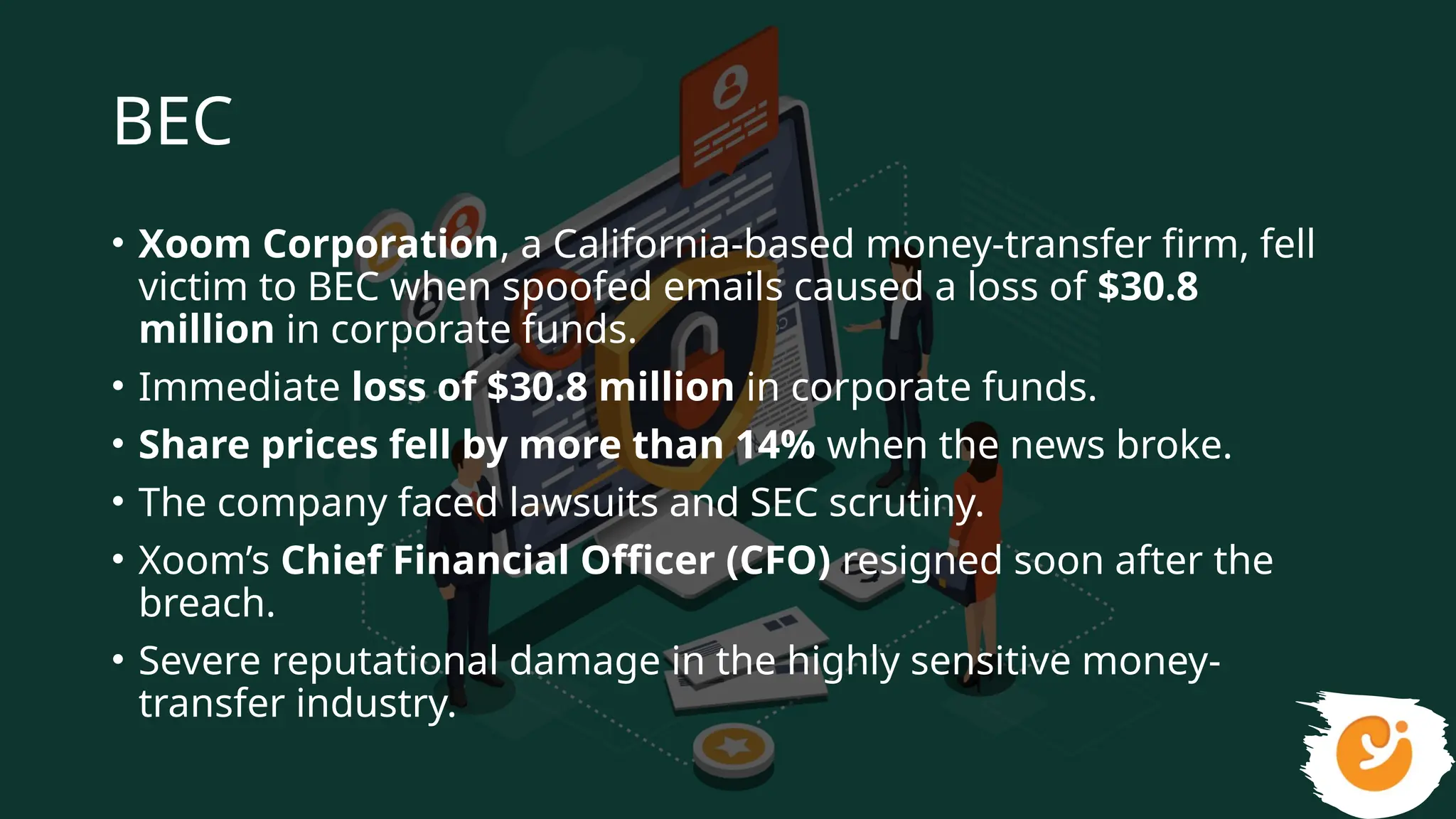 BEC
• Xoom Corporation, a California-based money-transfer firm, fell
victim to BEC when spoofed emails caused a loss of $30.8
million in corporate funds.
• Immediate loss of $30.8 million in corporate funds.
• Share prices fell by more than 14% when the news broke.
• The company faced lawsuits and SEC scrutiny.
• Xoom’s Chief Financial Officer (CFO) resigned soon after the
breach.
• Severe reputational damage in the highly sensitive money-
transfer industry.
 
