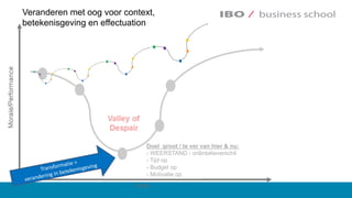 Bird in hand
Affordable loss
Crazy Quilt
Lemonade
Pilot in the plane
Veranderen met oog voor context,
betekenisgeving en effectuation
Doel groot / te ver van hier & nu:
- WEERSTAND - oriëntatieverschil
- Tijd op
- Budget op
- Motivatie op
 
