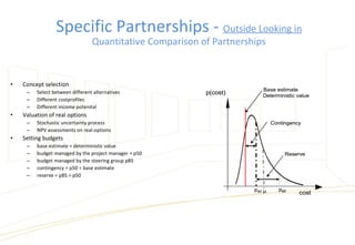 • Concept selection
– Select between different alternatives
– Different costprofiles
– Different income potenital
• Valuation of real options
– Stochastic uncertainty process
– NPV assessments on real-options
• Setting budgets
– base estimate = deterministic value
– budget managed by the project manager = p50
– budget managed by the steering group p85
– contingency = p50 ÷ base estimate
– reserve = p85 ÷ p50
p(cost)
p85
Base estimate
p50
cost
Contingency
Reserve
Deterministic value
µ
p(cost)
p85
Base estimate
p50
cost
Contingency
Reserve
Deterministic value
µ
Specific Partnerships - Outside Looking in
Quantitative Comparison of Partnerships
 