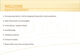 1. During presentation I will be stopping frequently to take questions.
2. Open Discussion is encouraged
3. Interrupting / respect others
4. Confidentially
5. Telephone silence
6. Frequent breaks
7. Report Back over the coming months.
 