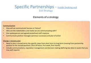 Communication
• How will we communicate Success or Failure?
• Who are the stakeholders and media we are communicating with?
• One spokesperson and agreed predefined staff response
• Communicate positive messages (previous successes) and plan of action
Change / recovery plan
• Need to plan in broad terms the specific steps from short term to long term (moving from partnership
position to the revised position). (first 24 hours, first week, first month)
• Include communications, reputation management and decision making (defining key data or assets that you
may well require)
Elements of a strategy
Specific Partnerships - Inside looking out
Exit Strategy
 