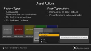 Asset Actions
IAssetTypeActions
• Interface for all asset actions
• Virtual functions to be overridden
Factory Types
• App...