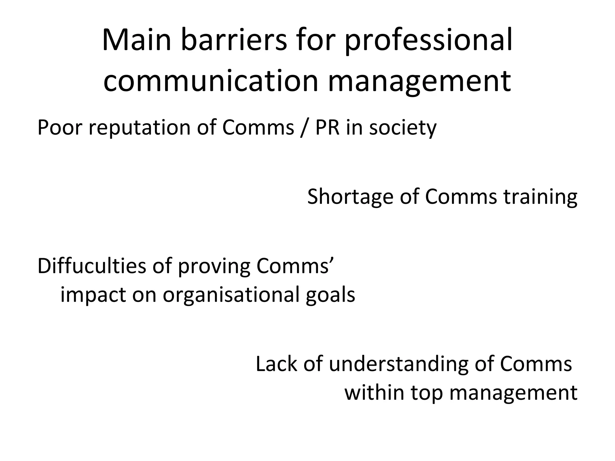 Main barriers for professional
      communication management
Poor reputation of Comms / PR in society

                           Shortage of Comms training

Diffuculties of proving Comms’
  impact on organisational goals

                     Lack of understanding of Comms
                              within top management
 