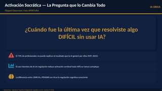 Activación Socrática — La Pregunta que lo Cambia Todo
Flipped Classroom: Fase APERTURA
IA SIRIUS
Masterclass · Ingeniería Cognitiva & Regulación Cognitiva con IA · ravsirius © 2026 2
¿Cuándo fue la última vez que resolviste algo
DIFÍCIL sin usar IA?
El 73% de profesionales no puede explicar el resultado que la IA generó por ellos (MIT, 2025)
El uso intensivo de IA sin regulación reduce activación cerebral hasta 40% en tareas complejas
La diferencia entre USAR IA y PENSAR con IA es la regulación cognitiva consciente
 