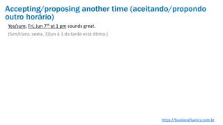 Yes/sure, Fri, Jun 7th at 1 pm sounds great.
(Sim/claro, sexta, 7/jun à 1 da tarde está ótimo.)
https://businessfluency.com.br
Accepting/proposing another time (aceitando/propondo
outro horário)
 
