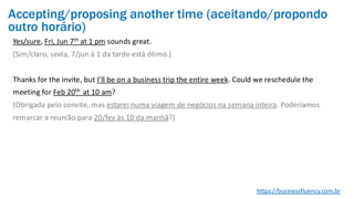 Yes/sure, Fri, Jun 7th at 1 pm sounds great.
(Sim/claro, sexta, 7/jun à 1 da tarde está ótimo.)
Thanks for the invite, but I’ll be on a business trip the entire week. Could we reschedule the
meeting for Feb 20th at 10 am?
(Obrigada pelo convite, mas estarei numa viagem de negócios na semana inteira. Poderíamos
remarcar a reunião para 20/fev às 10 da manhã?)
https://businessfluency.com.br
Accepting/proposing another time (aceitando/propondo
outro horário)
 