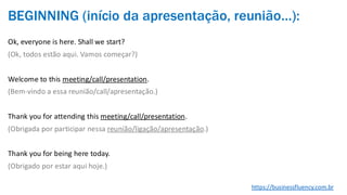 BEGINNING (início da apresentação, reunião…):
Ok, everyone is here. Shall we start?
(Ok, todos estão aqui. Vamos começar?)
Welcome to this meeting/call/presentation.
(Bem-vindo a essa reunião/call/apresentação.)
Thank you for attending this meeting/call/presentation.
(Obrigada por participar nessa reunião/ligação/apresentação.)
Thank you for being here today.
(Obrigado por estar aqui hoje.)
https://businessfluency.com.br
 