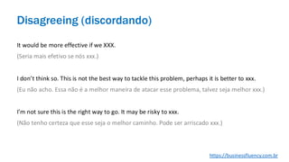 It would be more effective if we XXX.
(Seria mais efetivo se nós xxx.)
I don’t think so. This is not the best way to tackle this problem, perhaps it is better to xxx.
(Eu não acho. Essa não é a melhor maneira de atacar esse problema, talvez seja melhor xxx.)
I’m not sure this is the right way to go. It may be risky to xxx.
(Não tenho certeza que esse seja o melhor caminho. Pode ser arriscado xxx.)
Disagreeing (discordando)
https://businessfluency.com.br
 