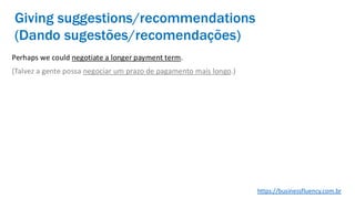 Perhaps we could negotiate a longer payment term.
(Talvez a gente possa negociar um prazo de pagamento mais longo.)
Giving suggestions/recommendations
(Dando sugestões/recomendações)
https://businessfluency.com.br
 