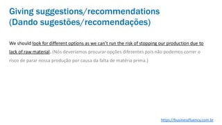 We should look for different options as we can’t run the risk of stopping our production due to
lack of raw material. (Nós deveríamos procurar opções diferentes pois não podemos correr o
risco de parar nossa produção por causa da falta de matéria prima.)
Giving suggestions/recommendations
(Dando sugestões/recomendações)
https://businessfluency.com.br
 