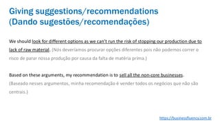 We should look for different options as we can’t run the risk of stopping our production due to
lack of raw material. (Nós deveríamos procurar opções diferentes pois não podemos correr o
risco de parar nossa produção por causa da falta de matéria prima.)
Based on these arguments, my recommendation is to sell all the non-core businesses.
(Baseado nesses argumentos, minha recomendação é vender todos os negócios que não são
centrais.)
Giving suggestions/recommendations
(Dando sugestões/recomendações)
https://businessfluency.com.br
 