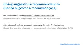 Our recommendation is to implement this initiative in all branches.
(Nossa recomendação é implementar essa iniciativa em todas as unidades.)
After a thorough analysis, we suggest modernizing the entire IT infrastructure.
(Depois de uma análise minuciosa, nós sugerimos modernizar toda a infraestrutura de TI.)
Giving suggestions/recommendations
(Dando sugestões/recomendações)
https://businessfluency.com.br
 