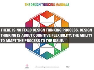 THERE IS NO FIXED DESIGN THINKING PROCESS. DESIGN
THINKING IS ABOUT COGNITIVE FLEXIBILITY: THE ABILITY
TO ADAPT THE PROCESS TO THE ISSUE.
 