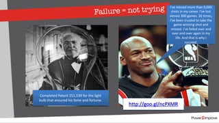 http://goo.gl/ncPXMR
Completed Patent 251,539 for the light
bulb that ensured his fame and fortune.
I've missed more than 9,000
shots in my career. I've lost
almost 300 games. 26 times,
I've been trusted to take the
game winning shot and
missed. I've failed over and
over and over again in my
life. And that is why I
succeed.
Failure = not trying
 