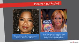 Failure = not trying
Thomas Edison Michael Jordan
Demoted from her job as news anchor
because she 'wasn't fit for TV'.
Wrote first book as a struggling single
mom on welfare. Faced 12 rejections
from publishers. Sold for $4,000.
 