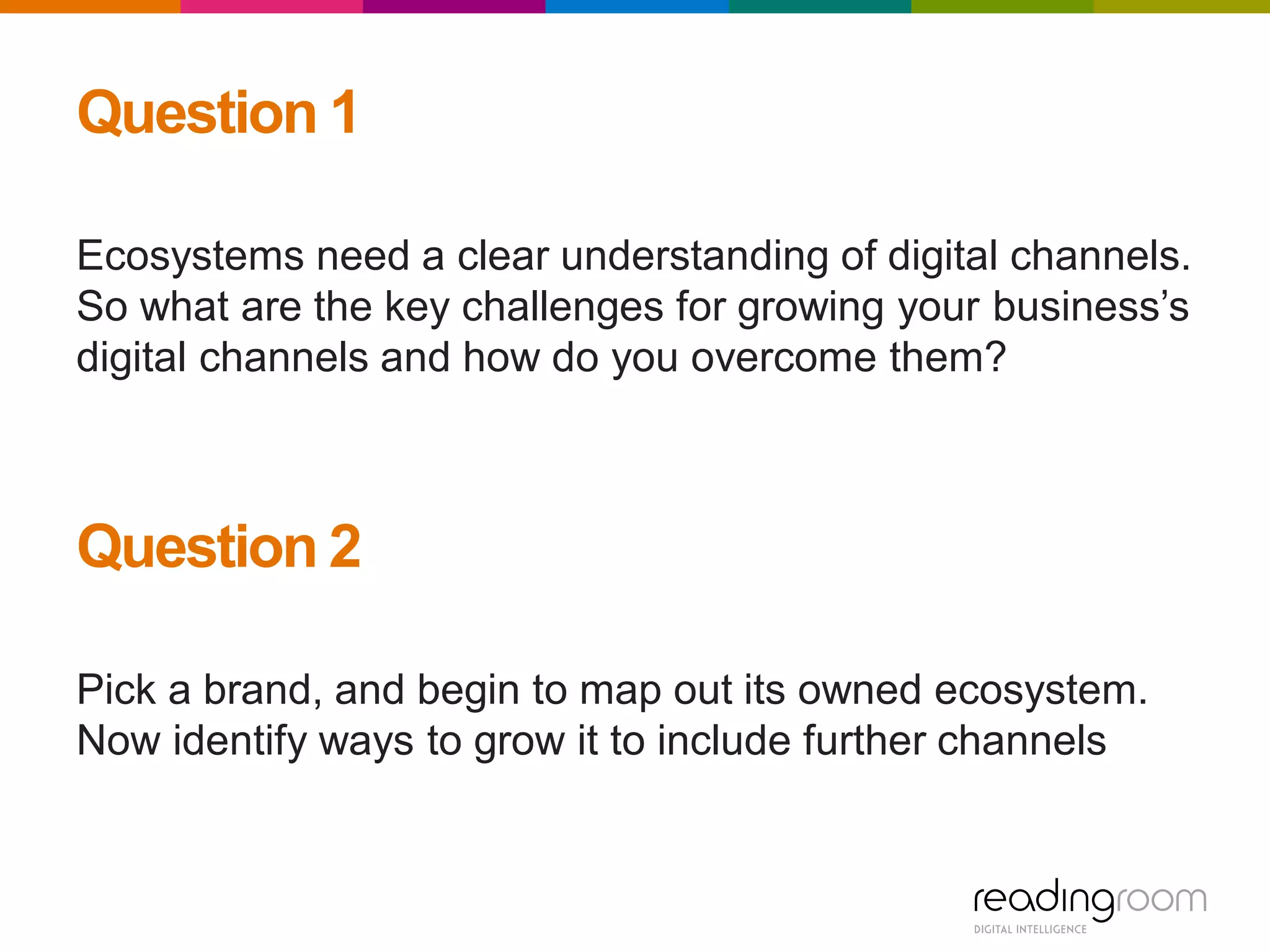 Question 1
Ecosystems need a clear understanding of digital channels.
So what are the key challenges for growing your business’s
digital channels and how do you overcome them?
Question 2
Pick a brand, and begin to map out its owned ecosystem.
Now identify ways to grow it to include further channels
 