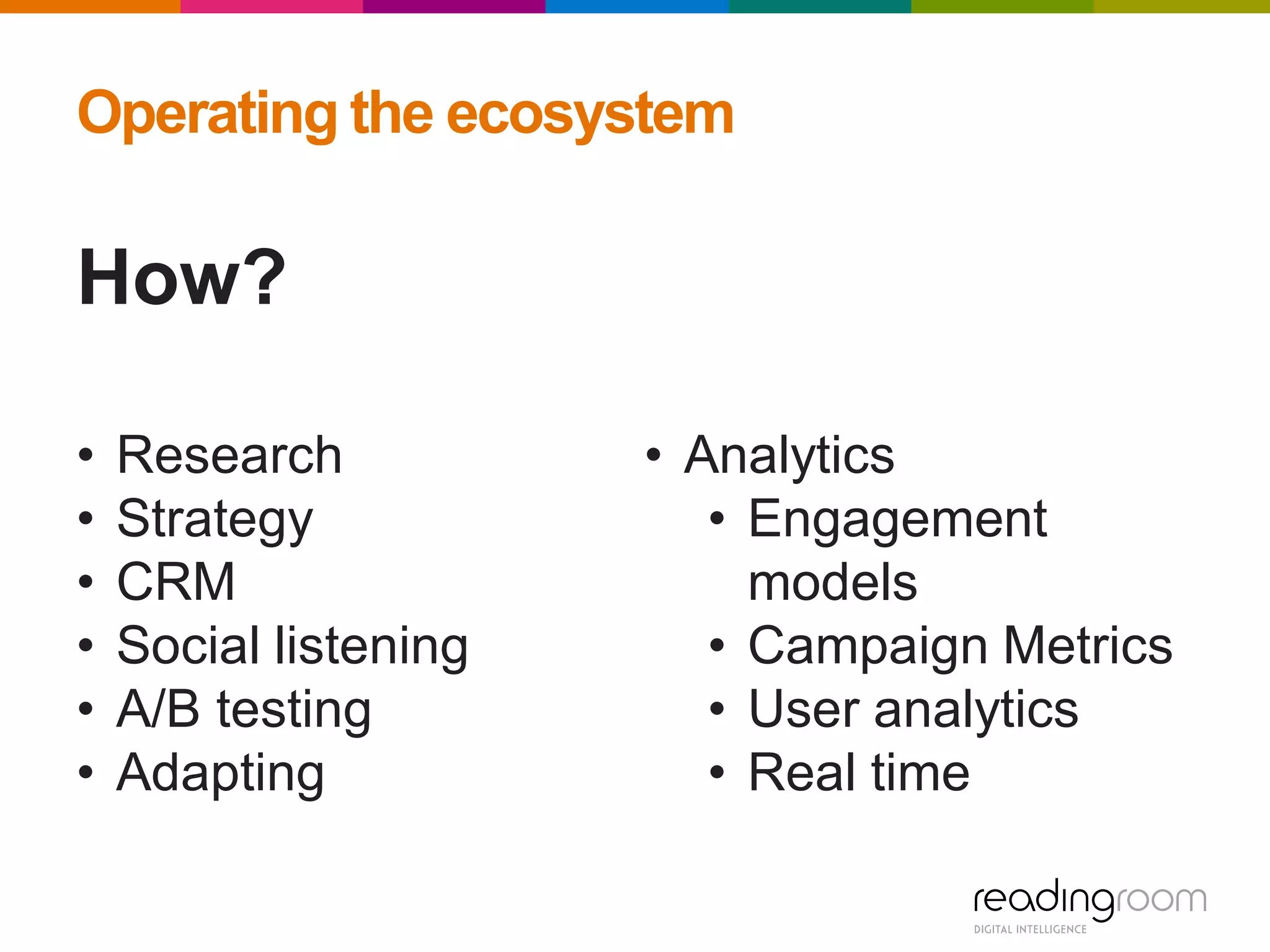 Operating the ecosystem
How?
• Research
• Strategy
• CRM
• Social listening
• A/B testing
• Adapting
• Analytics
• Engagement
models
• Campaign Metrics
• User analytics
• Real time
 